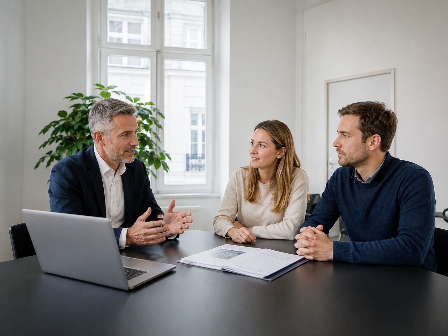 Gespräch über einen Immobilienverkauf in einem hellen Büro