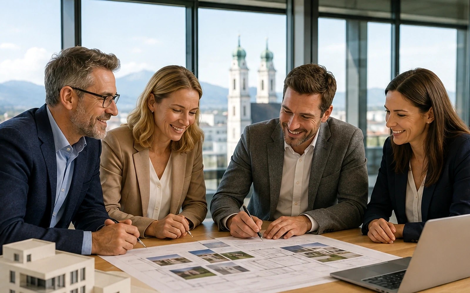 Besprechung von Immobilienplänen an einem Tisch