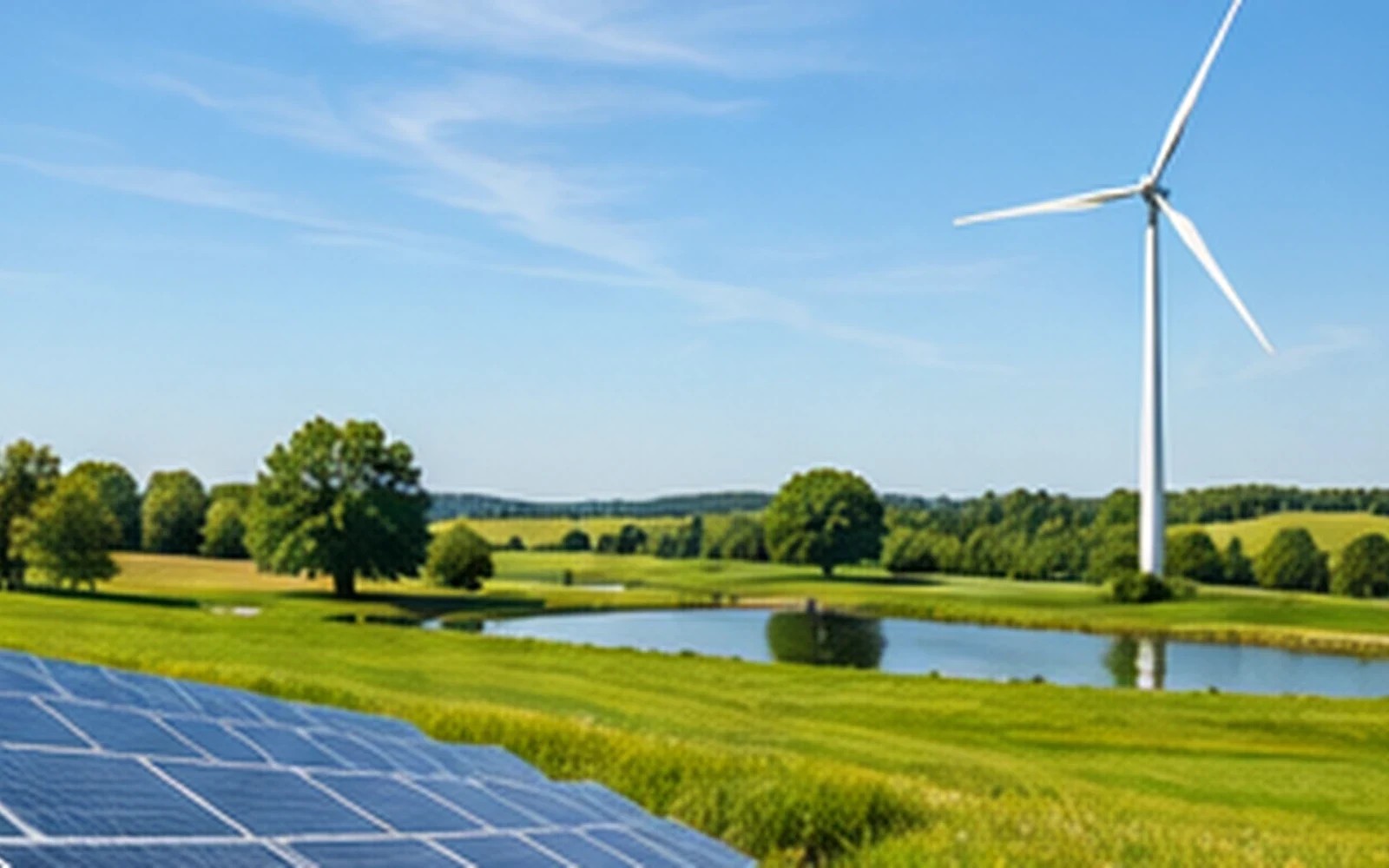 Photovoltaikanlage und Windrad auf einer Grünfläche